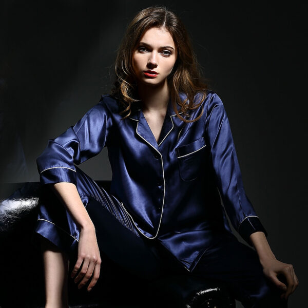 100% Mulberry Silk Pajamas Set Women Summer Autumn Spring Winter Long-sleeved Two-piece Set Silk Sleepwear Home Service Gray - Image 3