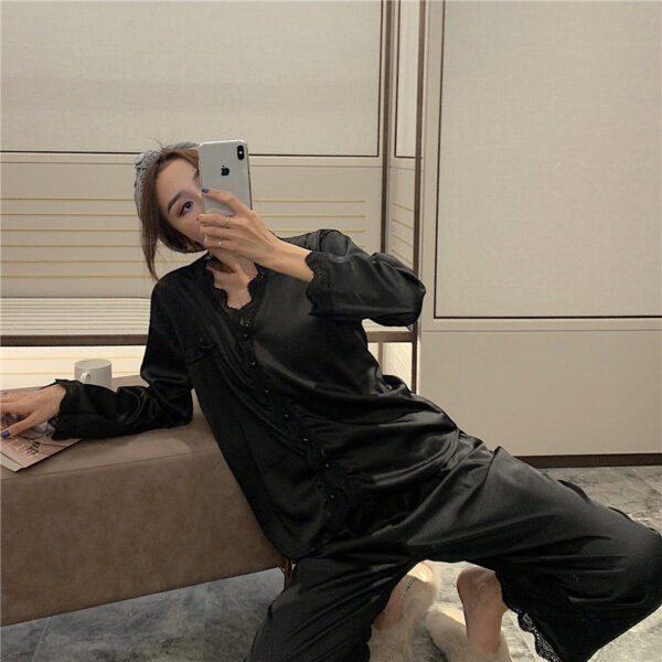 2 Piece/Set Home Suit Pajamas For Women Sleepwear Female Long Sleeve Trousers Satin Silk Nightwear Suit Pijamas - Image 3