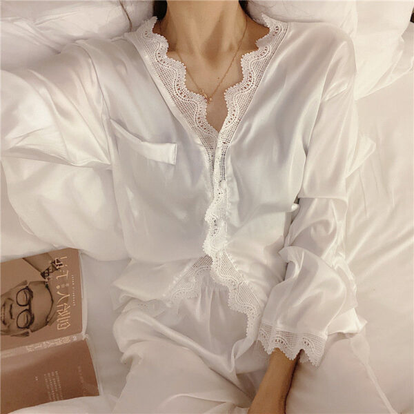 2 Piece/Set Home Suit Pajamas For Women Sleepwear Female Long Sleeve Trousers Satin Silk Nightwear Suit Pijamas - Image 5