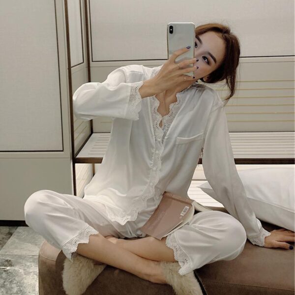 2 Piece/Set Home Suit Pajamas For Women Sleepwear Female Long Sleeve Trousers Satin Silk Nightwear Suit Pijamas