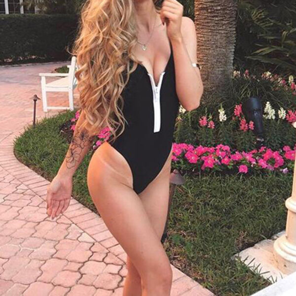 2021 New Sexy Zipper One Piece Swimsuit Women Solid Swimwear Bodysuit Swimsuit Push Up Bathing Suit Summer Beachwear XL - Image 2