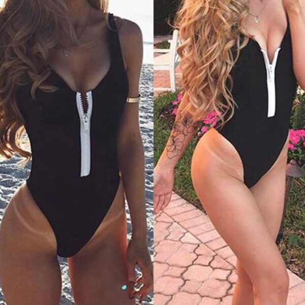 2021 New Sexy Zipper One Piece Swimsuit Women Solid Swimwear Bodysuit Swimsuit Push Up Bathing Suit Summer Beachwear XL - Image 3