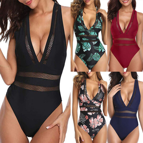 2022 Swimsuit Women One Piece Swimwear Sexy Mesh Monokini Plunge V Neck Criss Sross Bathing Suit Backless Bodysuit Beachwear XXL