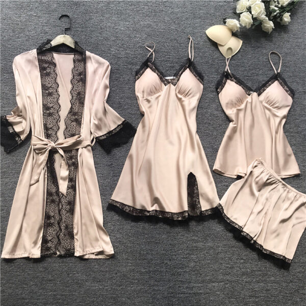 2022 Women Pajamas Sets Sleepwear Silk 4 Pieces Nightwear Pyjama Spaghetti Strap Lace Sleep Lounge Pijama With Chest Pads - Image 3