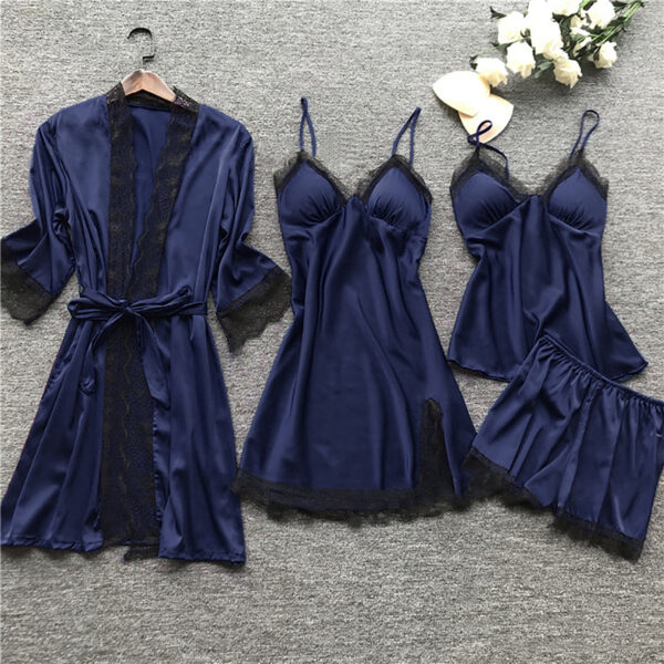 2022 Women Pajamas Sets Sleepwear Silk 4 Pieces Nightwear Pyjama Spaghetti Strap Lace Sleep Lounge Pijama With Chest Pads - Image 4