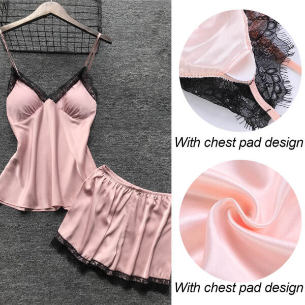 2022 Women Pajamas Sets Sleepwear Silk 4 Pieces Nightwear Pyjama Spaghetti Strap Lace Sleep Lounge Pijama With Chest Pads - Image 6