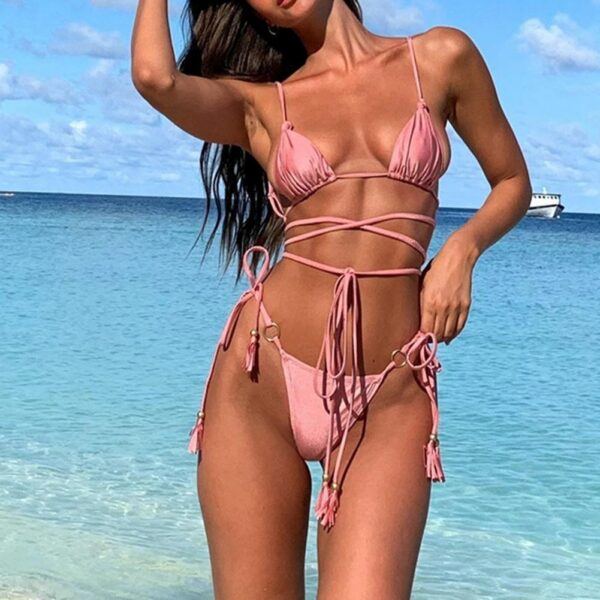 2Pcs Sexy Bikinis Set Women Swimsuit Adjustable Tie Belt Padded Bras Thongs Two Piece Bikinis Women Swimwear купальник женский - Image 2