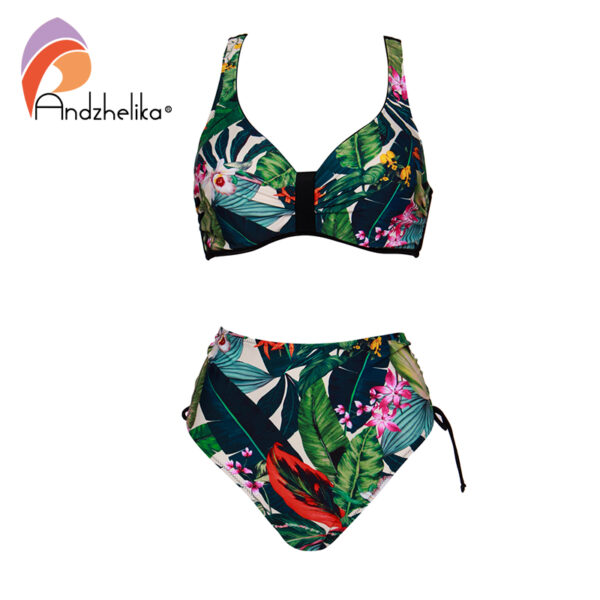 Andzhelika Tropical Leaves High-Waisted Bikini Sets Plus Size Underwire Push Up Women Swimsuit Two Pieces 2022 Beach Swimwear - Image 2