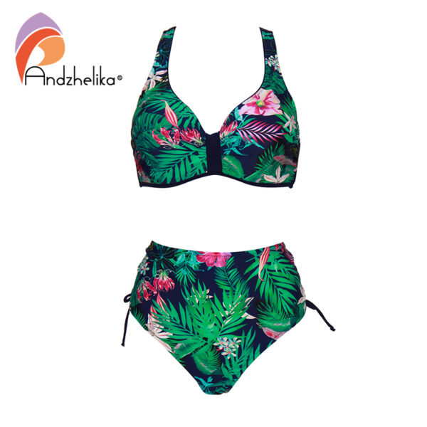 Andzhelika Tropical Leaves High-Waisted Bikini Sets Plus Size Underwire Push Up Women Swimsuit Two Pieces 2022 Beach Swimwear - Image 3