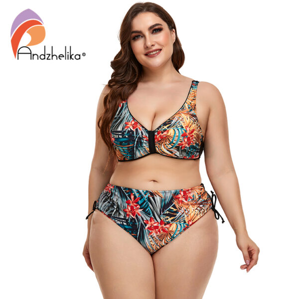 Andzhelika Tropical Leaves High-Waisted Bikini Sets Plus Size Underwire Push Up Women Swimsuit Two Pieces 2022 Beach Swimwear