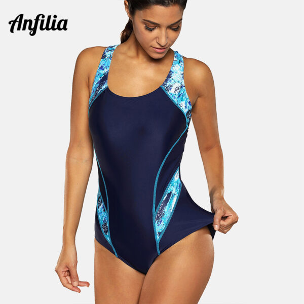 Anfilia Women One Piece Pro Sports Swimwear Sports Swimsuit Colorblock Monokini Beach Wear Bathing Suit Bikini