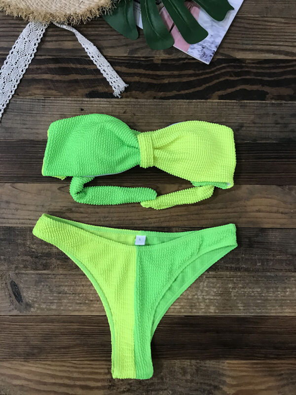 Bandeau Bikini Set High Waist Swimsuit for Women 2022 New Sexy Solid Neon Green Pink Swimwear Strapless Patchwork Bathing Suit - Image 6