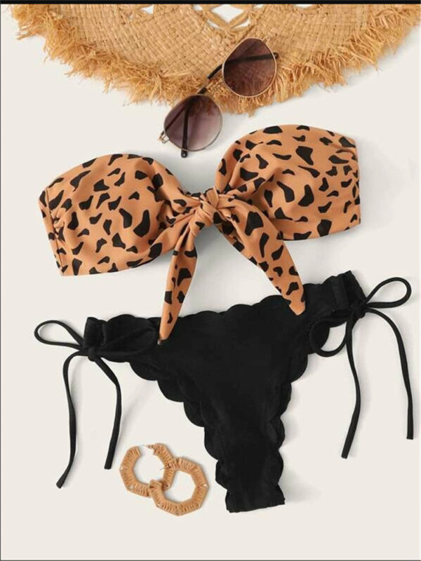 Beach Bikini 2022 Woman Sexy Front Lace Up Tie Strapless Leopard Swimsuit Female Push Up Ruffled Bow Bathing Suit Thong Swimwear - Image 2