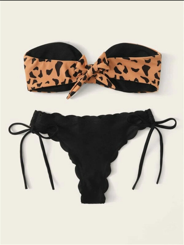 Beach Bikini 2022 Woman Sexy Front Lace Up Tie Strapless Leopard Swimsuit Female Push Up Ruffled Bow Bathing Suit Thong Swimwear - Image 3