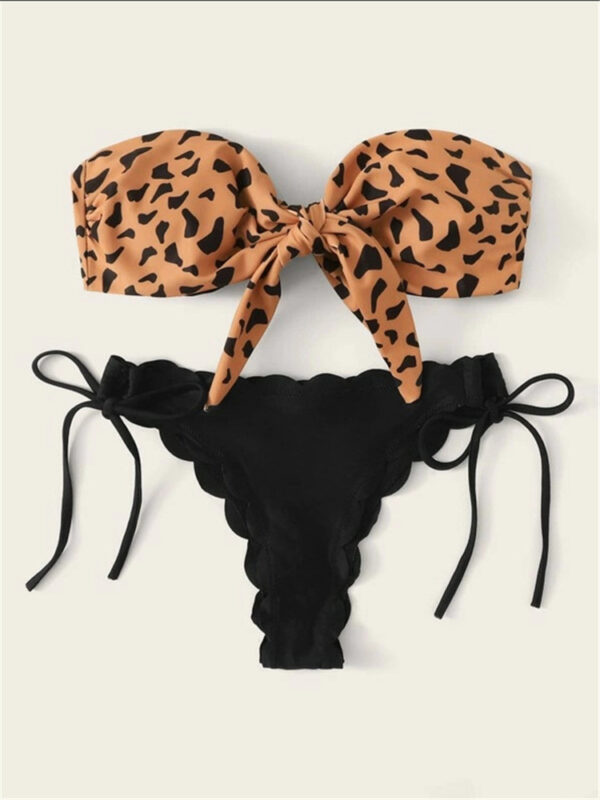 Beach Bikini 2022 Woman Sexy Front Lace Up Tie Strapless Leopard Swimsuit Female Push Up Ruffled Bow Bathing Suit Thong Swimwear