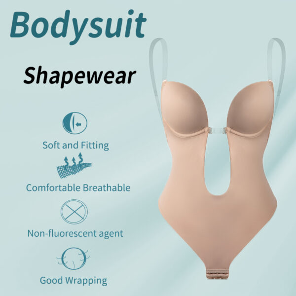 Bodysuit Shapewear Deep V-Neck Body Shaper Backless U Plunge Thong Shapers Waist Trainer Women Clear Strap Padded Push Up Corset - Image 3