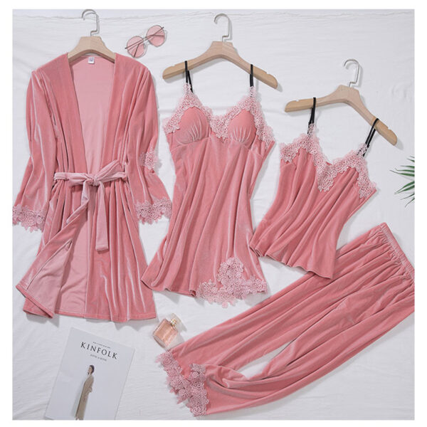 Burgundy Velour Pajama Suit Women 4PCS Kimono Robe Nightgown Set Sleepwear Lady Winter Velvet Warm Lace Folwer Bathrobe Gown - Image 3