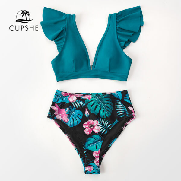 CUPSHE Teal Floral Ruffled High Waist Bikini Sets Sexy V-neck Swimsuit Two Pieces Swimwear Women 2022 Bathing Suits Beachwear - Image 4