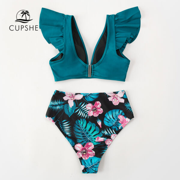 CUPSHE Teal Floral Ruffled High Waist Bikini Sets Sexy V-neck Swimsuit Two Pieces Swimwear Women 2022 Bathing Suits Beachwear - Image 5