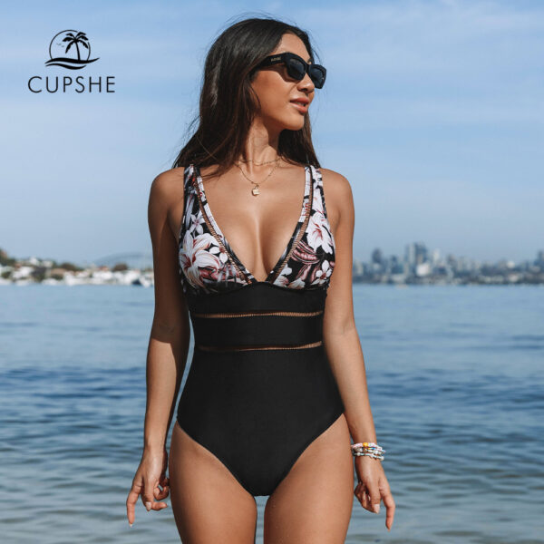 CUPSHE V-neck Black Floral Patchwork One-Piece Swimsuit For Women Sexy Cut Out Monokini Swimwear 2022 Bathing Suits Beachwear