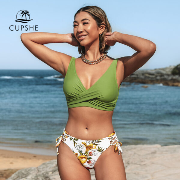 CUPSHE Yellow And Lemon Print Mid-Waist Bikini Sets Swimsuit Women Sexy Lace Up Two Pieces Swimwear 2022 New Beach Bathing Suits - Image 4