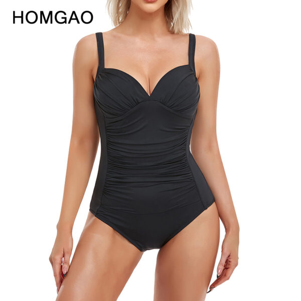 HOMGAO Sexy Women's V Neck Solid One Piece Swimsuit Ruched Tummy Control Swimwear Bathing Suit Large Size 4XL Bodysuit Monokini - Image 2