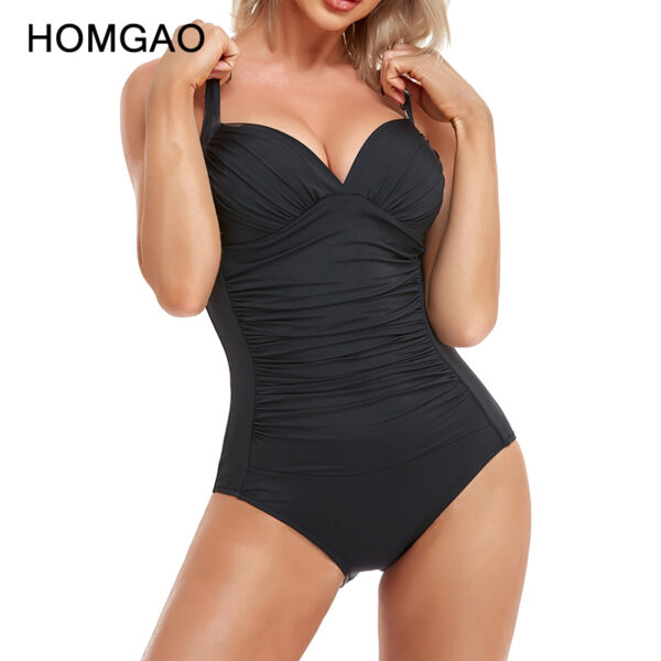 HOMGAO Sexy Women's V Neck Solid One Piece Swimsuit Ruched Tummy Control Swimwear Bathing Suit Large Size 4XL Bodysuit Monokini - Image 3