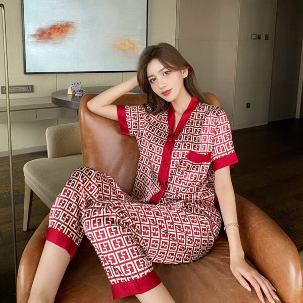 JRMISSLI Women Pajamas Set New Luxury Style Cross Letter Print Sleepwear Silk Pijama Leisure Home Clothes Nightwear Pyjama