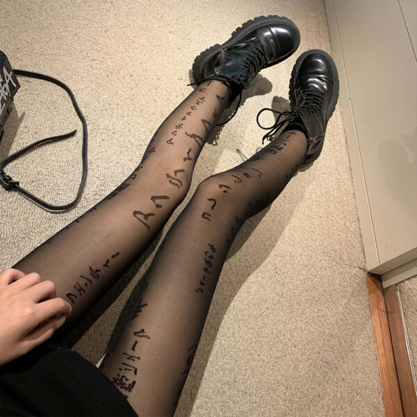 Lolita Japanese Gothic Tights Letter Print Black Pantyhose Stockings Plus Size Mesh FishNet Tattoo Patterned Sexy Anime Woman - Image 3