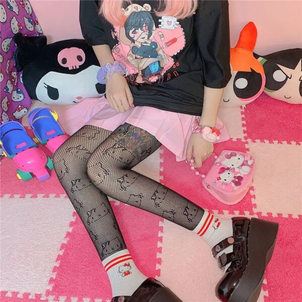 Lolita Kawaii Fishnet Pantyhose Tights Women Fashion Hollow Breathable Mesh Designer Cartoon Cat Bottoming G Stockings Gothic - Image 5