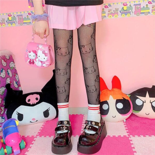 Lolita Kawaii Fishnet Pantyhose Tights Women Fashion Hollow Breathable Mesh Designer Cartoon Cat Bottoming G Stockings Gothic - Image 6