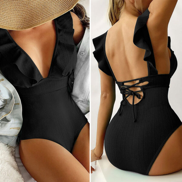 Miyouj Ruffle Swimsuit Women'S Swimwear Black Color Back String Monokini Ribbed Fabric Beachwear Solid Bathing Suits One Piece - Image 3