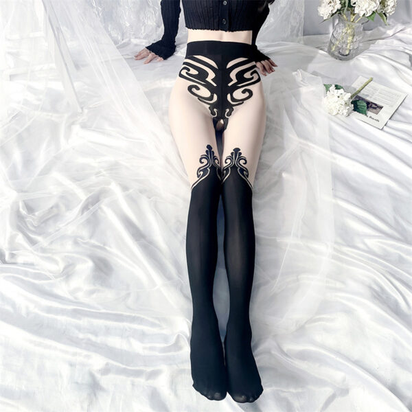 New Designs High Quality Sexy Black Print Open Crotch Tights Womens Transparent Pantyhose Girl Lolita Stockings - Image 4