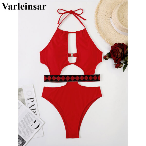 New Sexy Splicing Halter Cut Out Monokini One Piece Swimsuit Women Swimwear Female Padded Bather Bathing Suit Swim Lady V3598 - Image 5