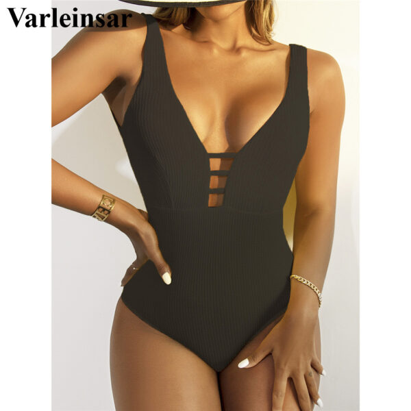 New Sexy V Neck Ribbed Backless Monokini Women Swimwear One Piece Swimsuit Female Padded Bather Bathing Suit Swim Lady V3587 - Image 4