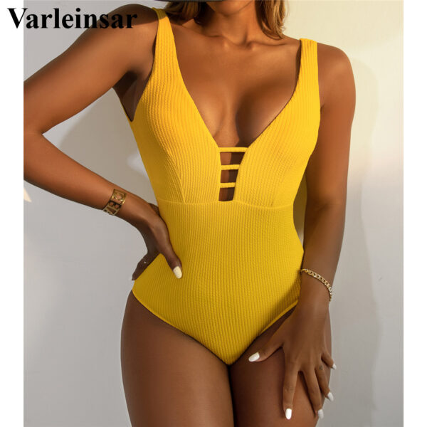 New Sexy V Neck Ribbed Backless Monokini Women Swimwear One Piece Swimsuit Female Padded Bather Bathing Suit Swim Lady V3587 - Image 5