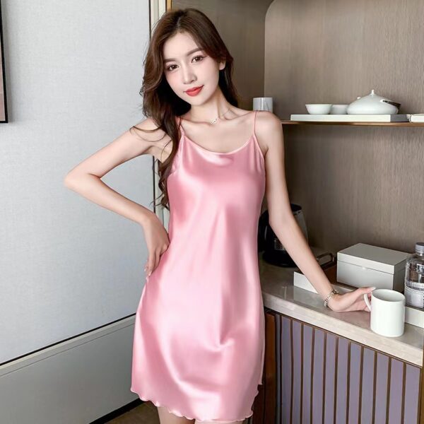 Pajamas Women's Sexy Ice Silk Thin Suspender Nightdress Lingerie Pink Nightgown Women Night Wear Lace Sleepwear - Image 2