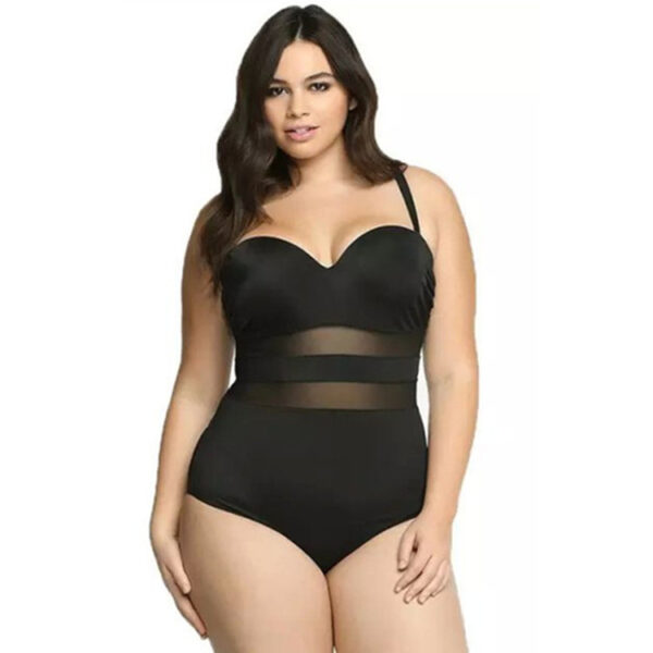 Plus Large Size Mesh One Piece Swimsuit Black Swimwear Women Push Up Solid Color Bathing Suit Beach Wear