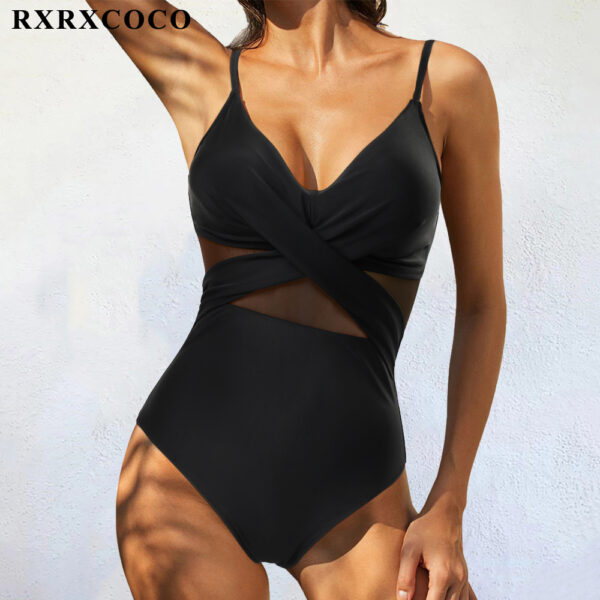 RXRXCOCO Women One Piece Swimsuit See-through Solid Black Women's Swimwear Sexy Ruched Backless Push Up Bathing Suit Beachwear - Image 3