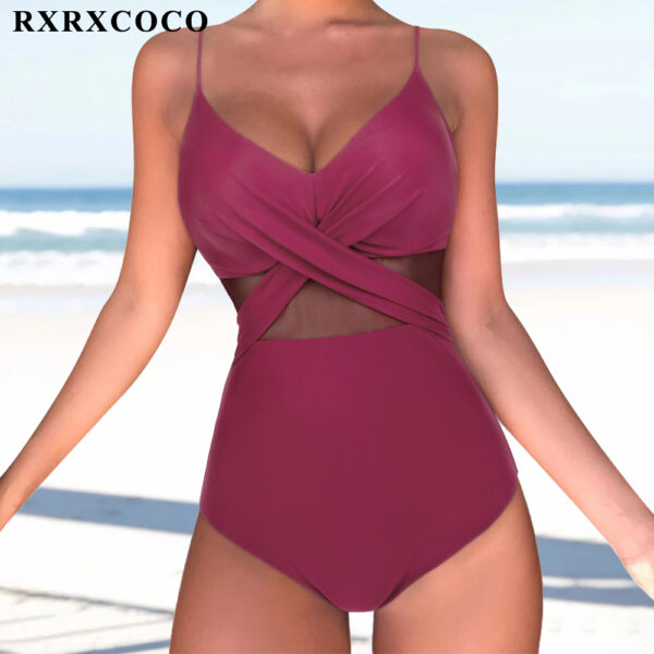 RXRXCOCO Women One Piece Swimsuit See-through Solid Black Women's Swimwear Sexy Ruched Backless Push Up Bathing Suit Beachwear - Image 4