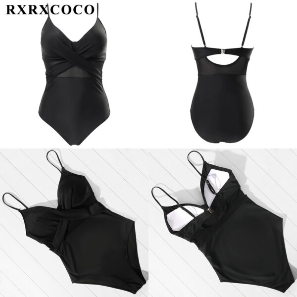 RXRXCOCO Women One Piece Swimsuit See-through Solid Black Women's Swimwear Sexy Ruched Backless Push Up Bathing Suit Beachwear - Image 6