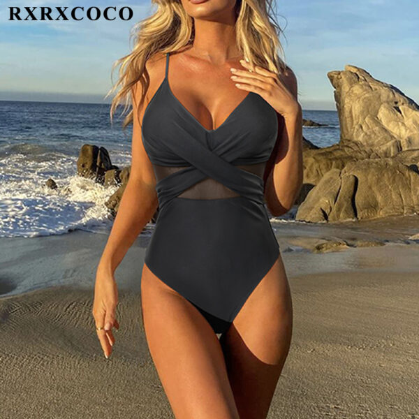 RXRXCOCO Women One Piece Swimsuit See-through Solid Black Women's Swimwear Sexy Ruched Backless Push Up Bathing Suit Beachwear