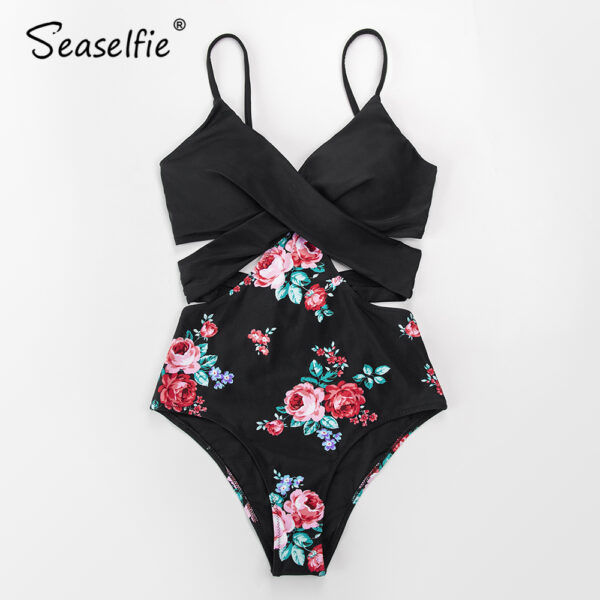 SEASELFIE Black Floral Cutout One Piece Swimsuit Women Sexy Moulded Cups Push Up Monokini Swimwear 2022 Bathing Suit Beachwear - Image 4