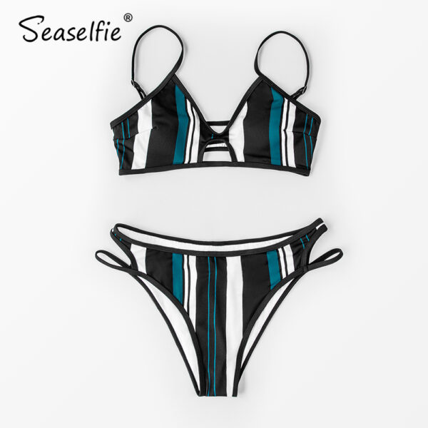 SEASELFIE Sexy Blue White and Black Striped Bikini Sets Swimsuit Two Pieces Swimwear Women 2022 Summer Beach Bathing Suit - Image 3