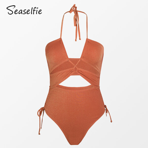 SEASELFIE Shining Orange Cut Out One-piece Swimsuit For Women Sexy Halter Monokini Swimwear 2022 Beach Bathing Suit Beachwear - Image 4