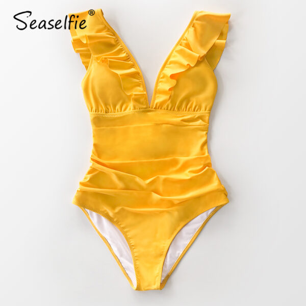 SEASELFIE Solid Yellow V-neck Ruffled One Piece Swimsuit Women Monokini Swimwear 2022 Sexy Lace Up Beach Bathing Suit Beachwear - Image 4