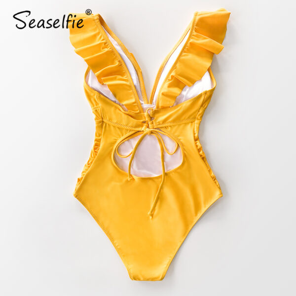 SEASELFIE Solid Yellow V-neck Ruffled One Piece Swimsuit Women Monokini Swimwear 2022 Sexy Lace Up Beach Bathing Suit Beachwear - Image 5