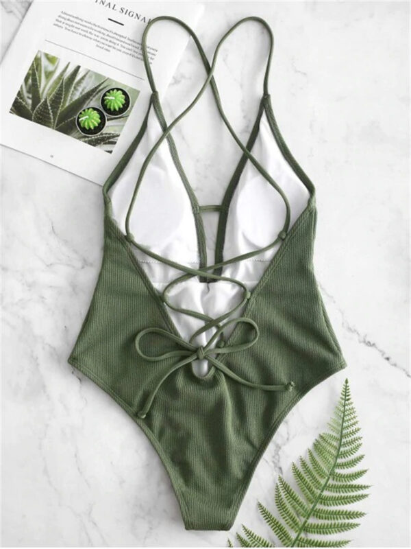 Sexy Halter Solid Green Women Swimwear High Cut Out One Piece Swimsuit Backless Thong Swim Suit Beach Bathing Suit Monokini 2022 - Image 2