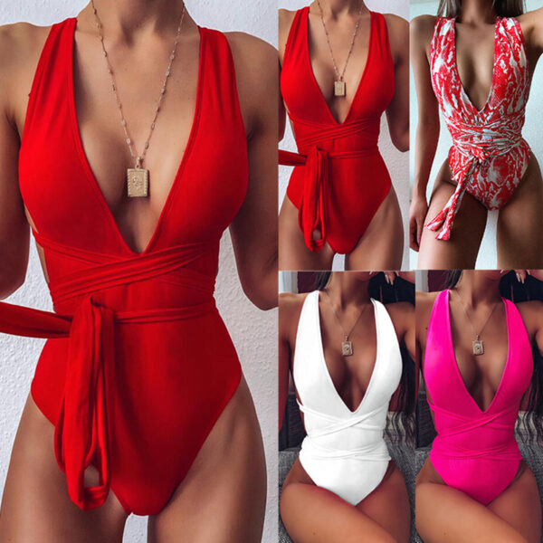 Sexy V Neck Swimwear One Piece Swimsuit High Waist Strap Bikinis Swimwear 2022 Bandage Women Monokini Backless Barher Beachwea