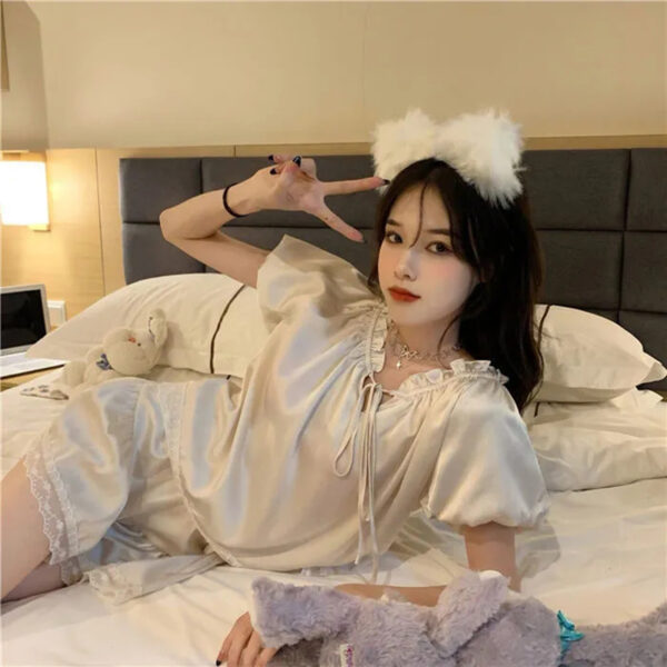 Silk Pajamas For Women Set Summer Pyjamas Women Thin Outer Wear Home Clothes Loose Solid Color Lace Kawaii Style Two-Piece Set - Image 3